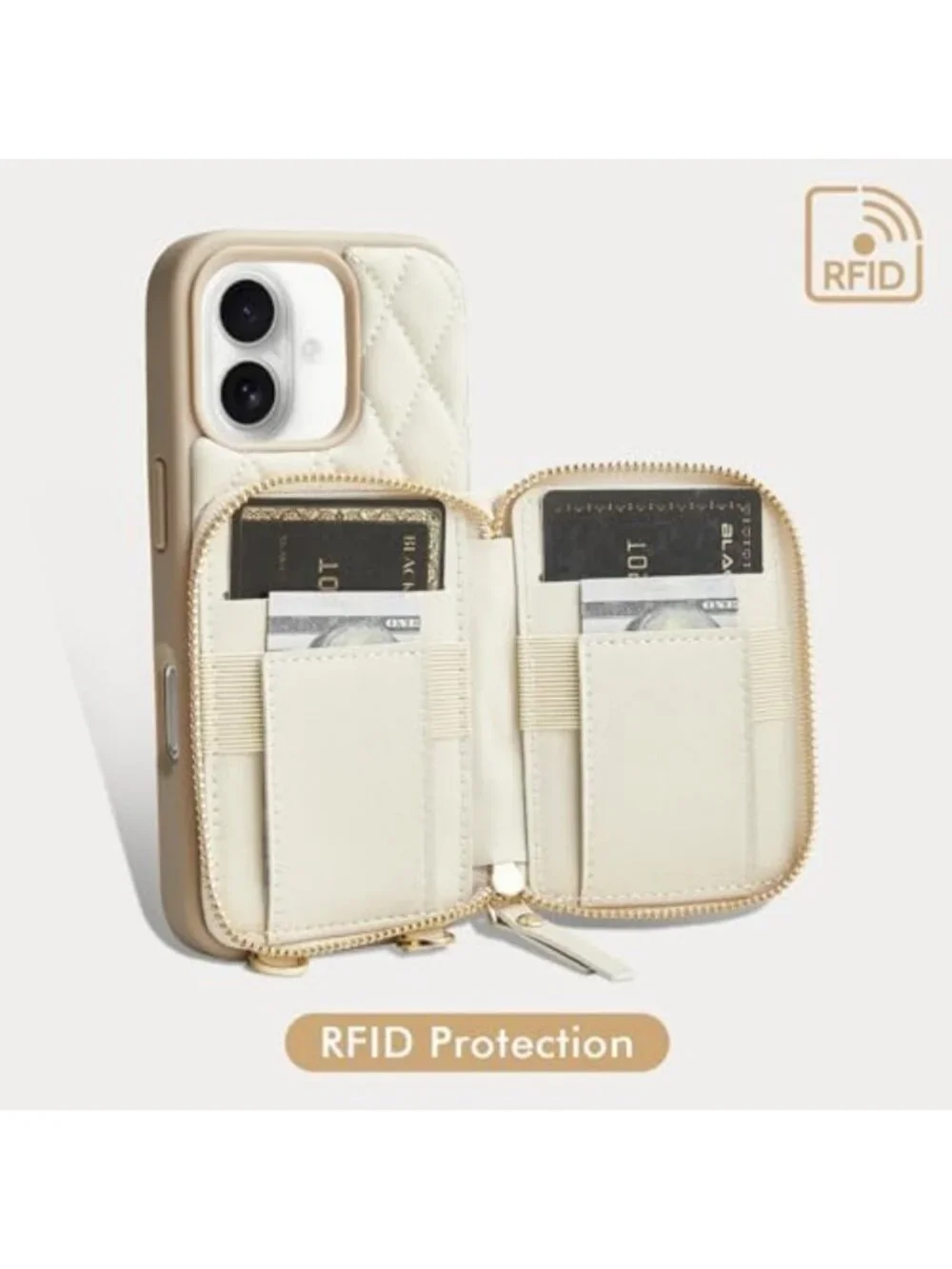 Stylish iPhone 17 Wallet Case with Card Holder & Wrist Strap - Beige Crossbody